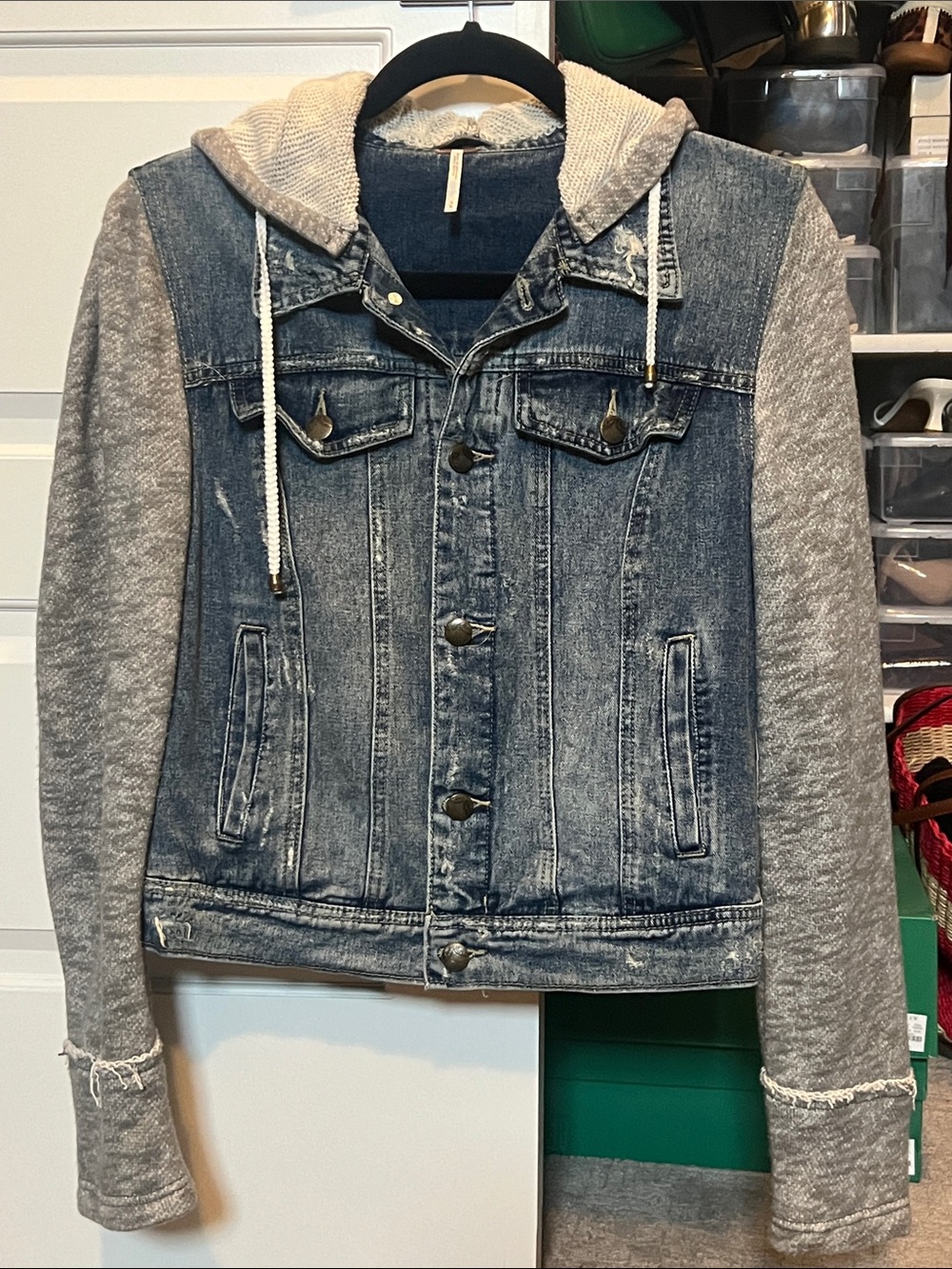 Free People Distressed Blue Denim Jacket with Gray Knit Hood & Sleeves